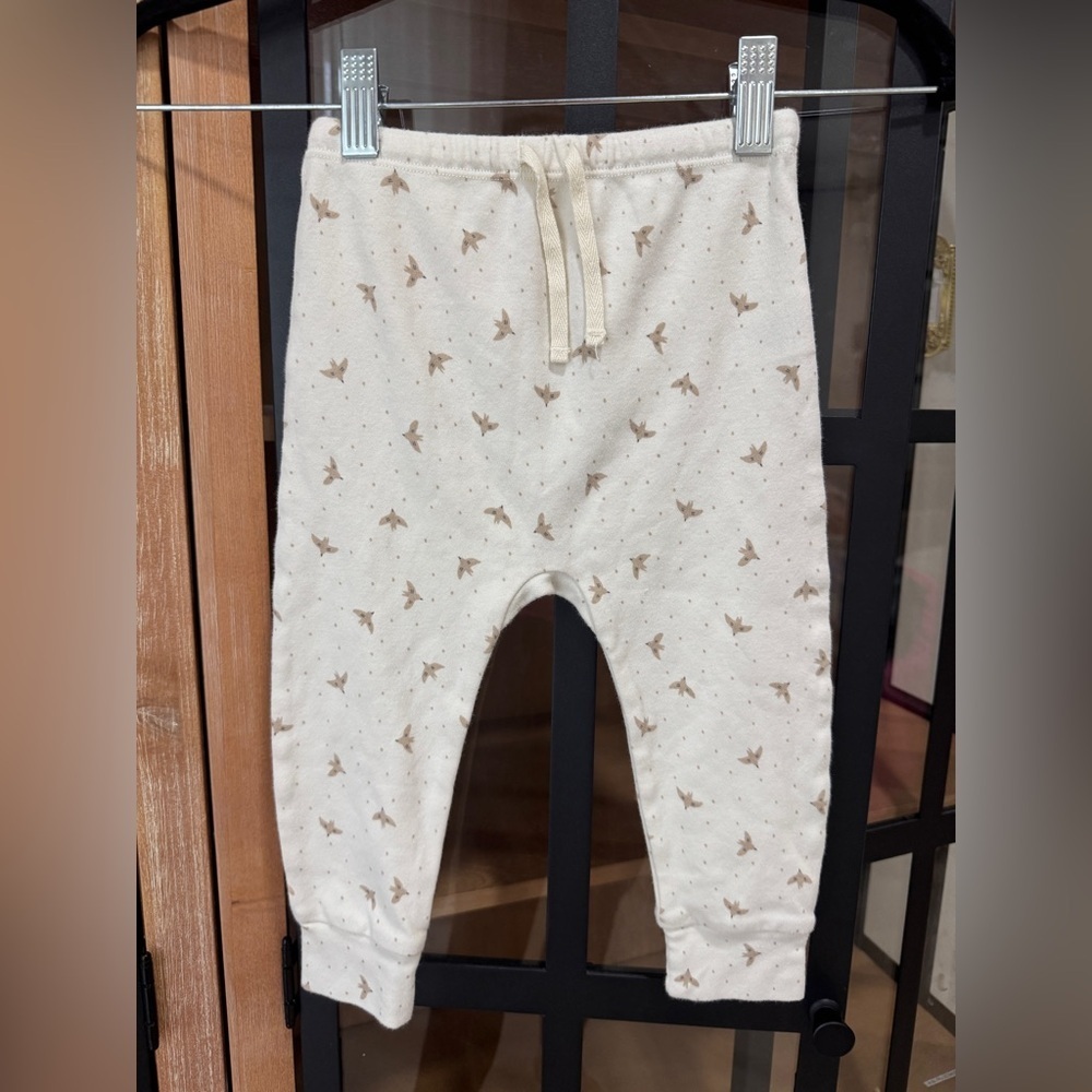QUINCY MAE Drawstring Pants leggings joggers Dove bird print beige blush toddler
